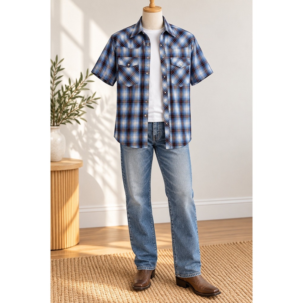 Wrangler Mens Western Fashion Snap Shirt Blue Plaid Short Sleeve Large WM198BL